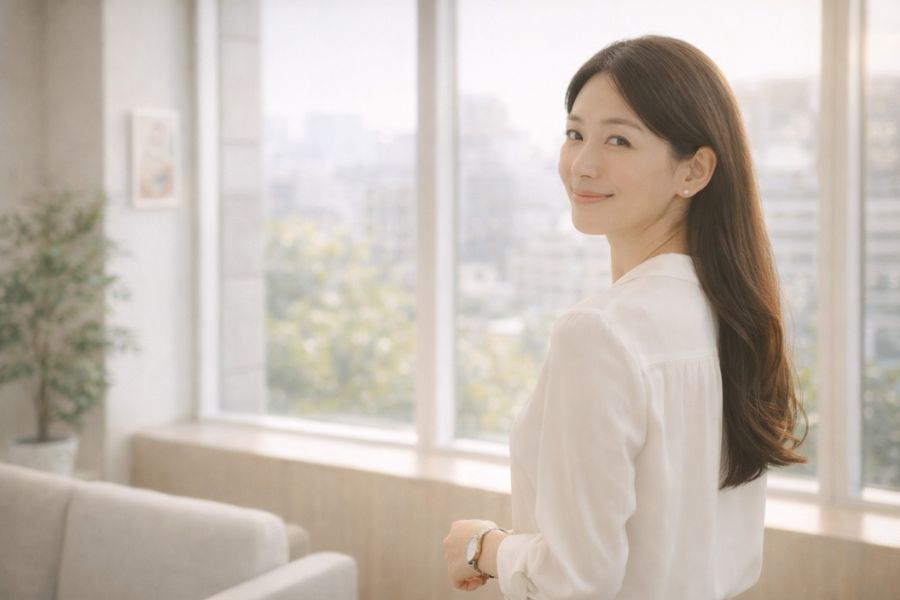 クリニックの窓辺で振り返り穏やかに微笑む女性
