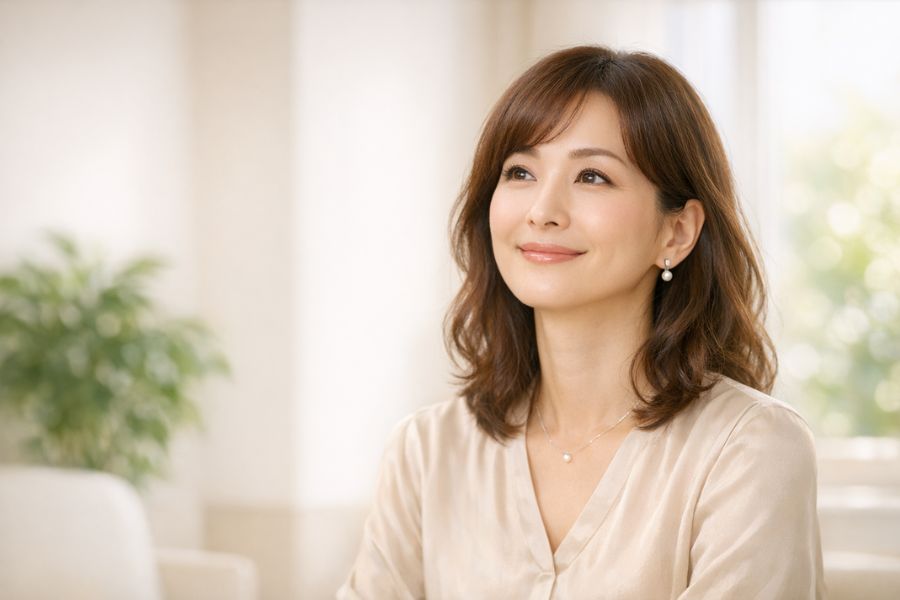 明るい診察室で前向きに佇む女性