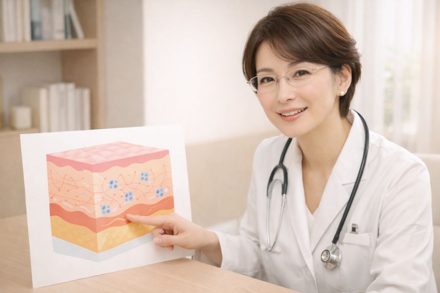 デスクで皮膚構造の図解を指差しながら説明する女性医師