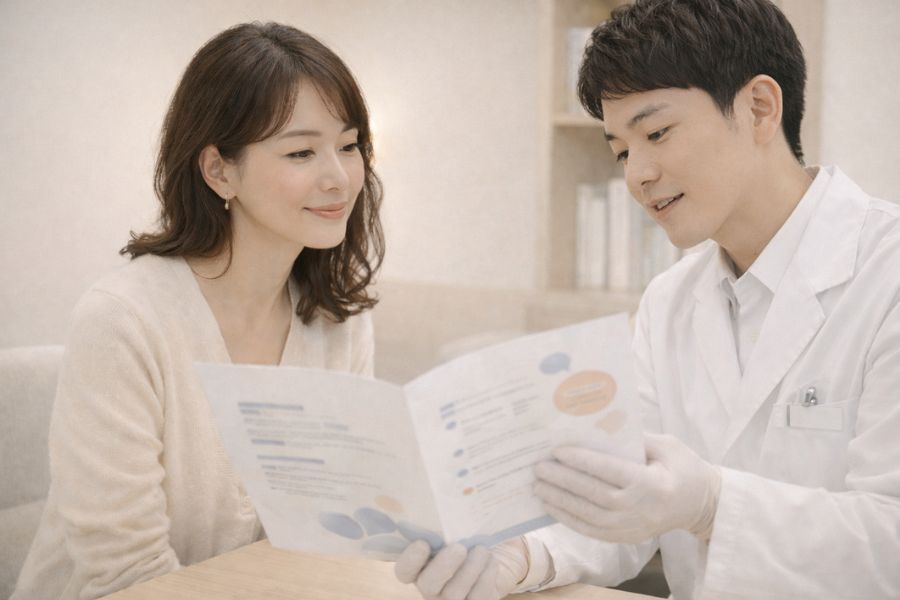 診察室でパンフレットを見せながら女性患者に説明する男性医師