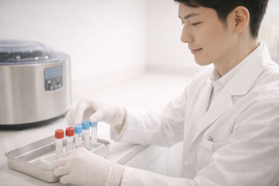 処置室で採血管を整える医療用手袋を着けた男性医師の手元