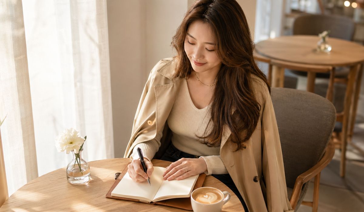 カフェでノートにメモを取る30代の女性