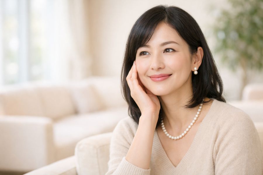 クリニックの待合ラウンジで頬に手を添えて微笑む女性