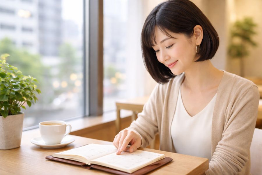 カフェの窓際で手帳のカレンダーを指で辿る20代後半の日本人女性