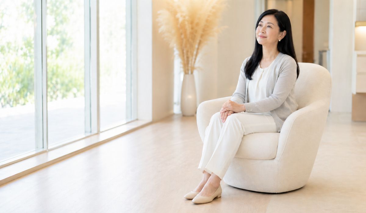 クリニック待合の椅子に座り穏やかに微笑む50代の女性