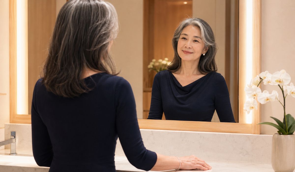 パウダールームの鏡前で微笑む60代女性のバックショット