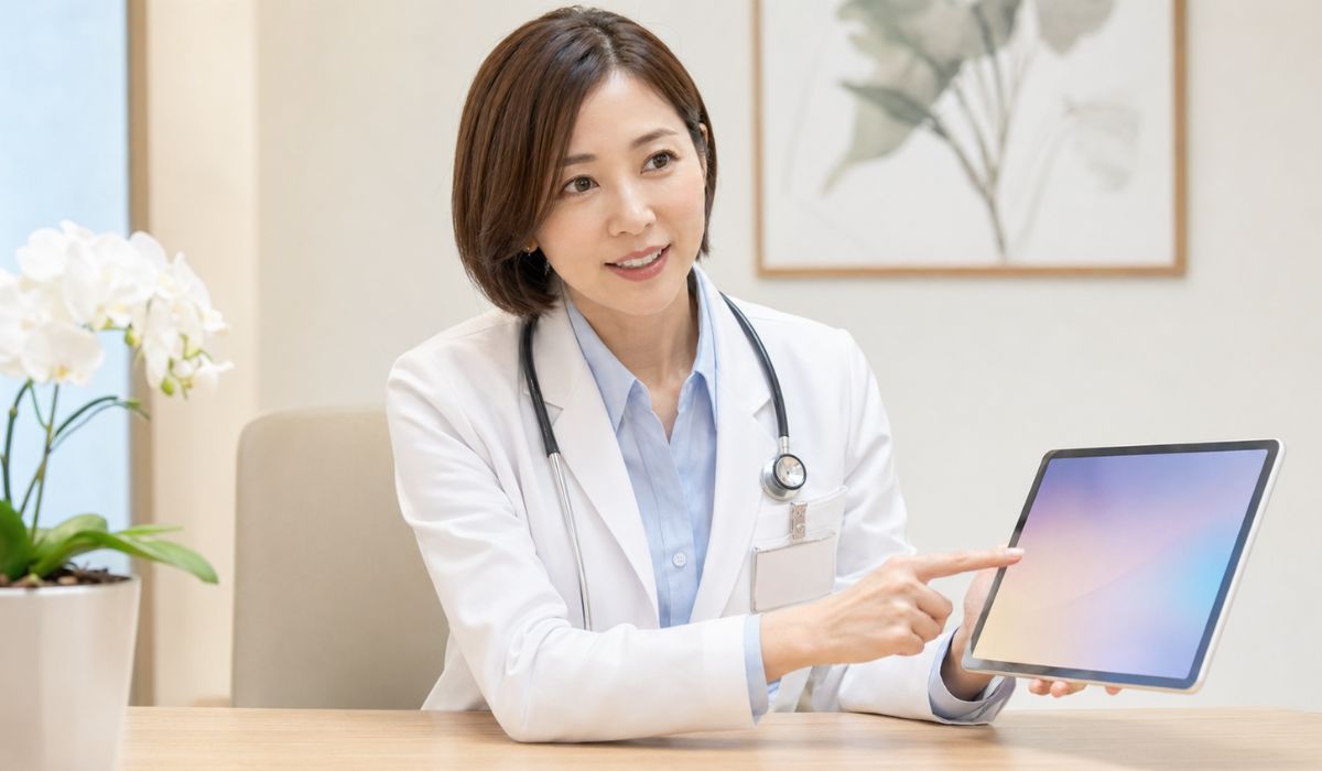 デスクでタブレットを指して説明する女性医師