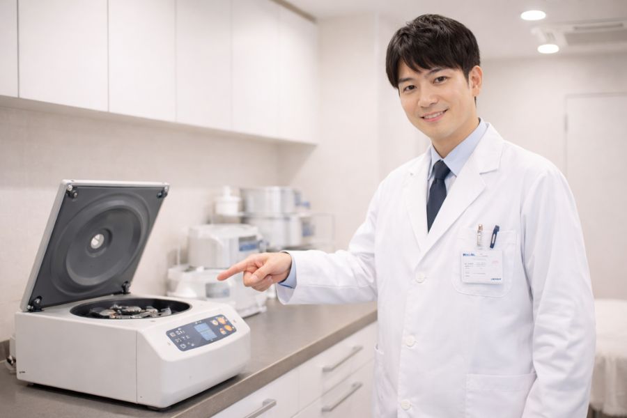 治療室で遠心分離機を指し示す白髪混じりの男性医師の全身像