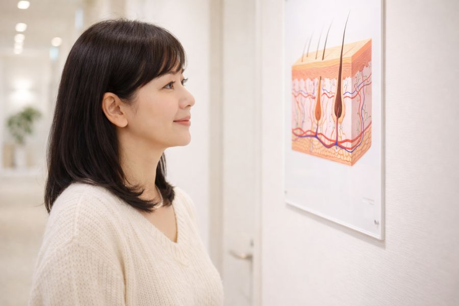 クリニック廊下の皮膚断面模型パネルを見つめる女性の横顔