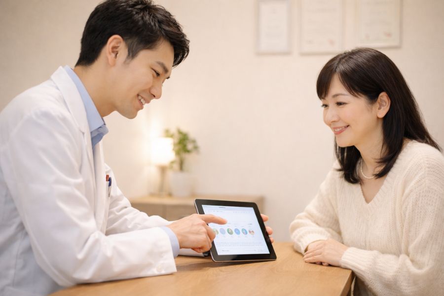 カウンセリングルームでタブレットを見せて説明する男性医師と向かい合う女性患者