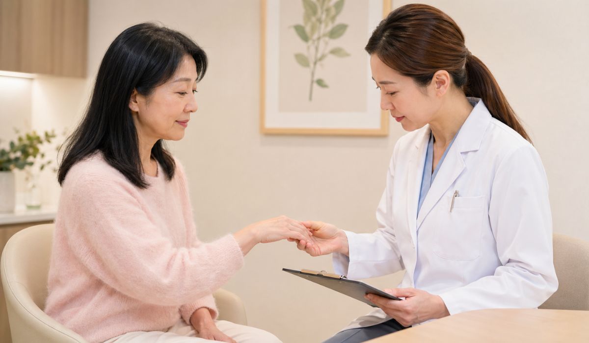 診察室で患者の手の甲を診ながらカルテに記入する女性医師