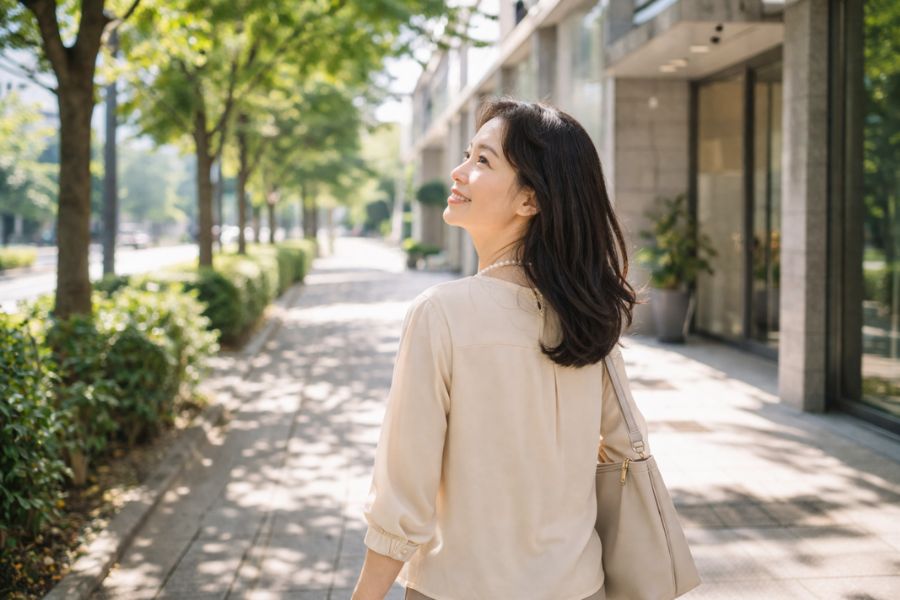 並木道を歩いてモダンなビルの入口へ向かう女性の後ろ姿