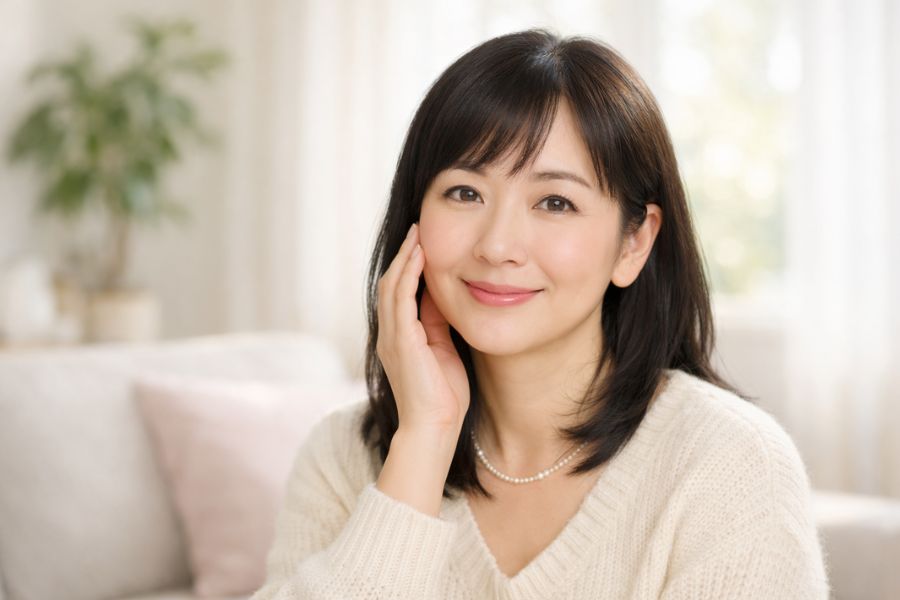 頬に手を添えて穏やかに微笑む40代後半の日本人女性