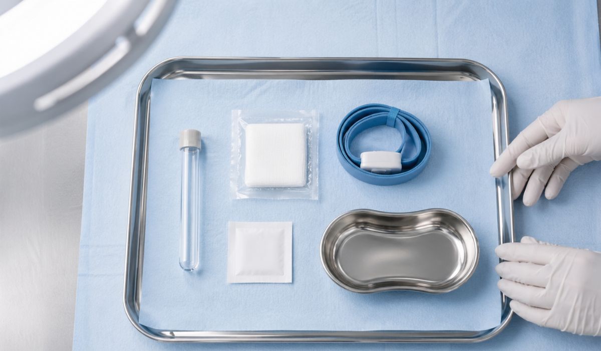 清潔な医療トレイに並ぶ採血用器具を上から見た様子