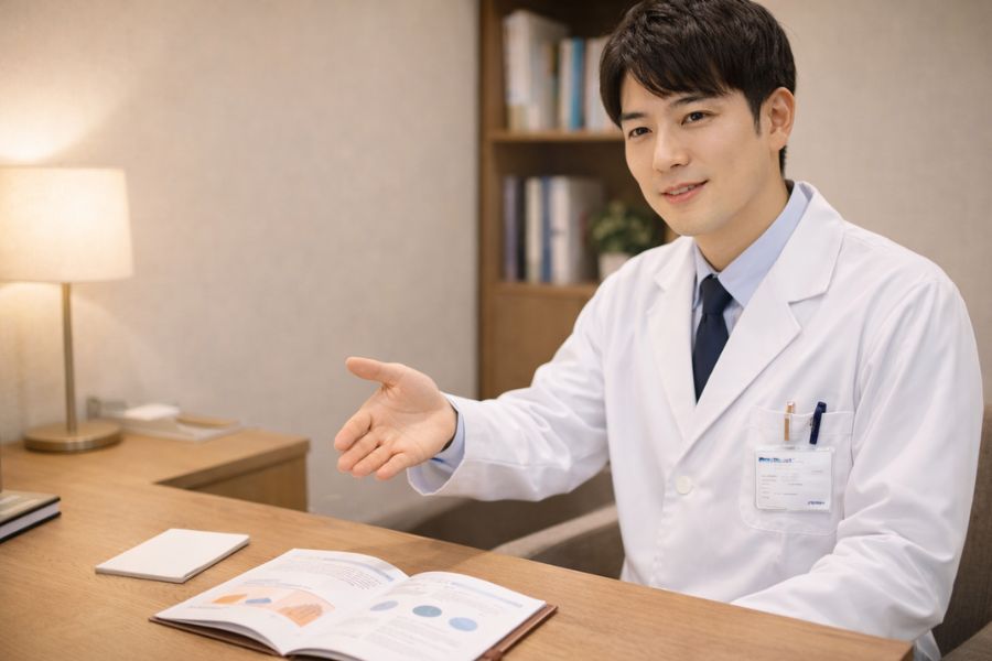 診察室のデスクでパンフレットを開きながら説明する若手男性医師