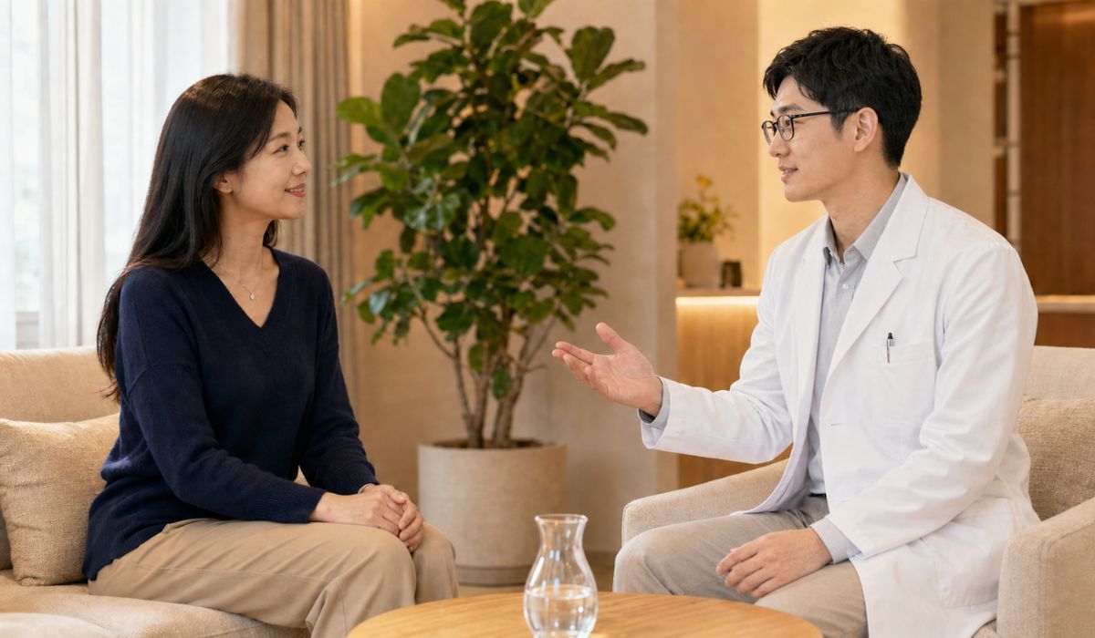 ソファで向かい合って話す男性医師と女性患者