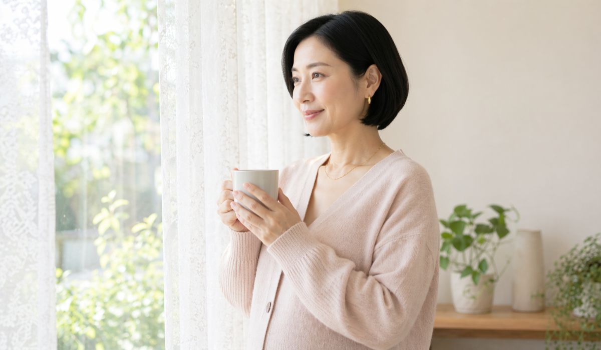 自宅の窓辺でマグカップを両手に持ち外を見つめる女性