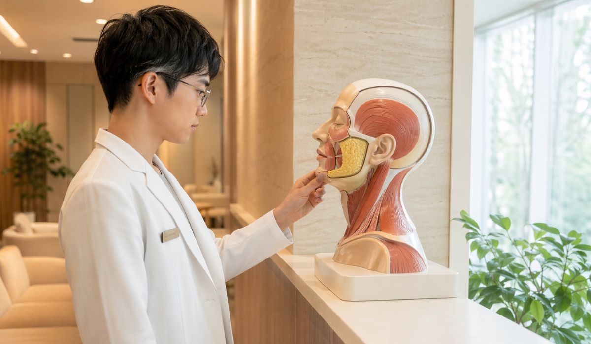 顔の解剖模型を見つめる眼鏡をかけた男性医師