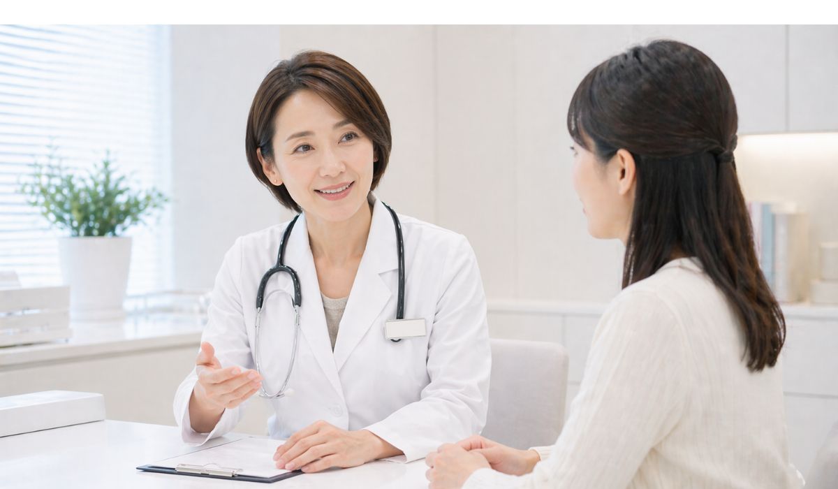 診察室で患者に向かって微笑みながら説明する女性医師