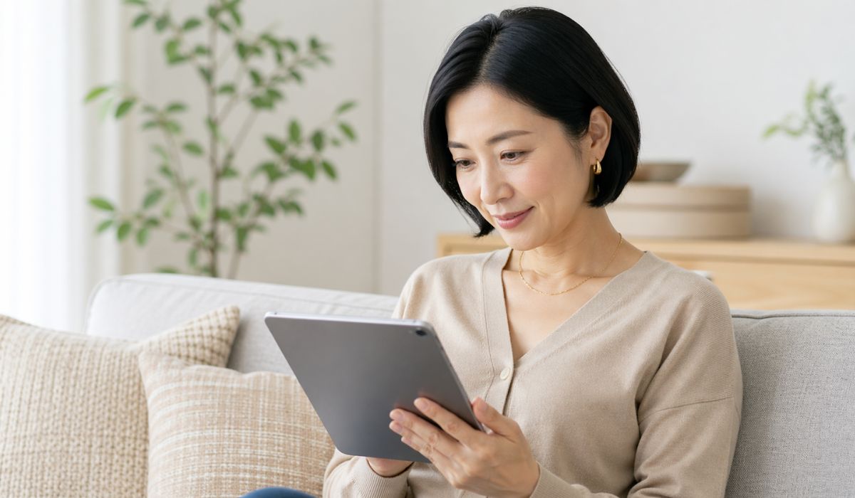 自宅のソファに座りタブレットを見る女性