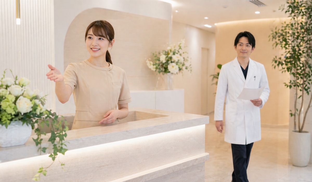 受付で奥を案内する女性スタッフと書類を持つ男性医師