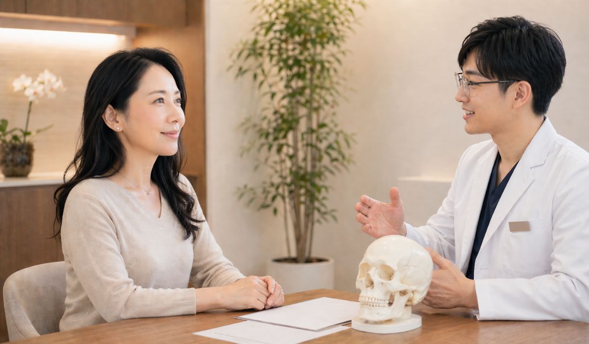 頭蓋骨モデルを使って説明する男性医師と患者の女性