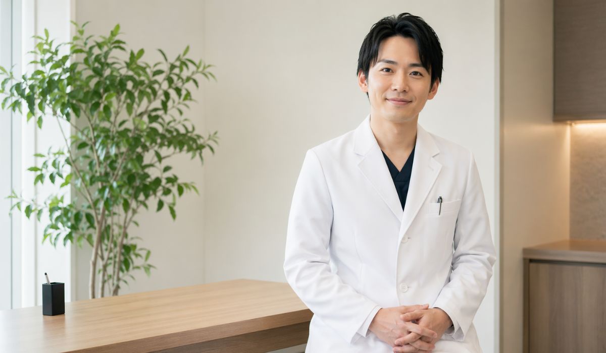 診察室のカウンターに腰かけて微笑む男性医師