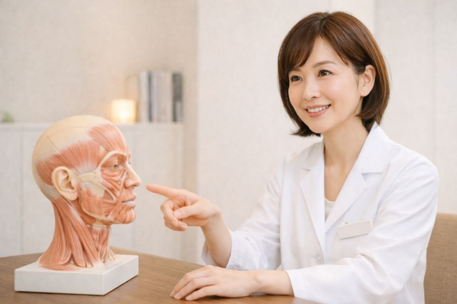 診察机で解剖学的頭部モデルを指し示して説明する女性医師