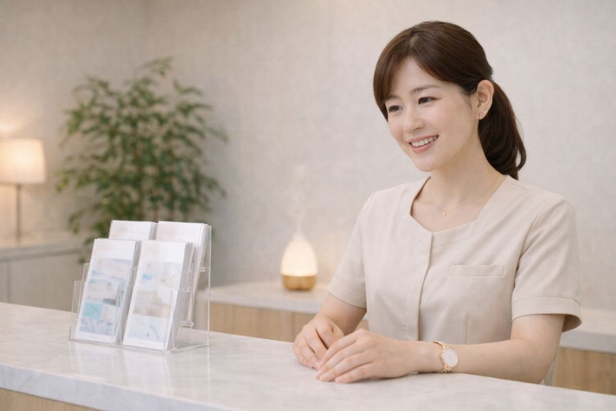 美容クリニックの受付で来院者を笑顔で迎える受付スタッフ