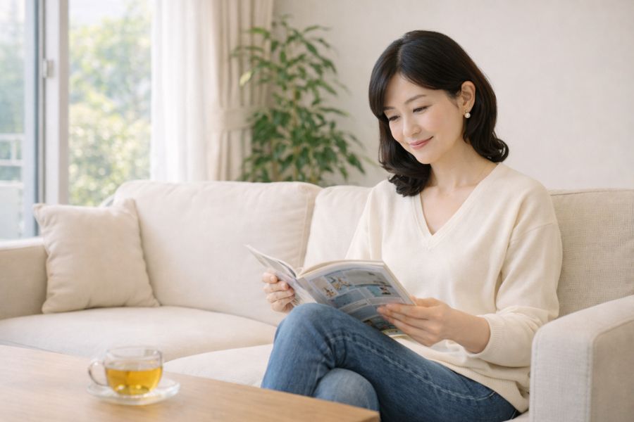 自宅のリビングでウルセラとハイフの違いについて調べる女性