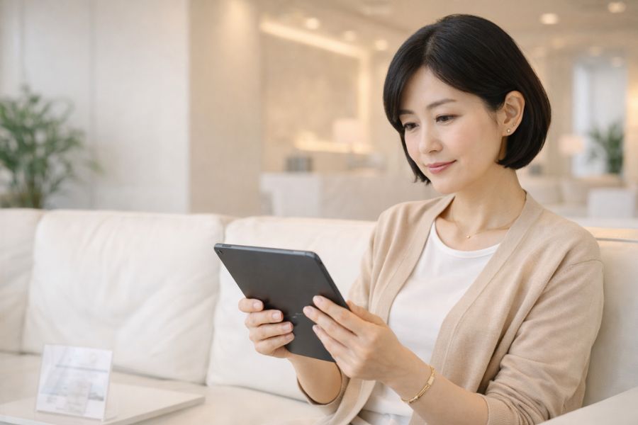 美容クリニックの待合室でウルセラの効果について情報を確認する女性