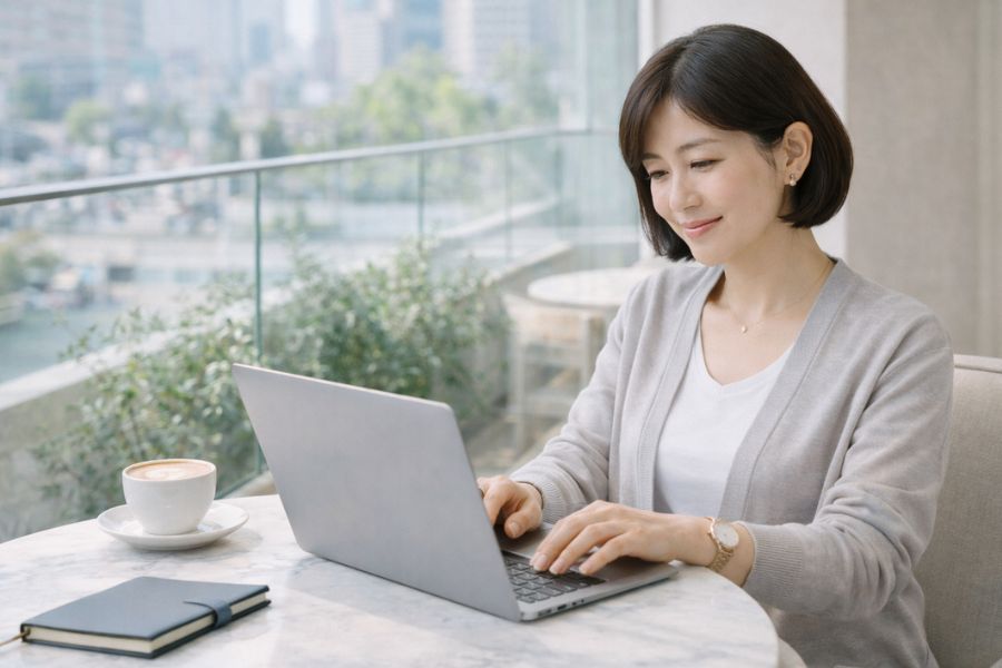 カフェでウルセラと切開リフトの違いをノートパソコンで比較する女性