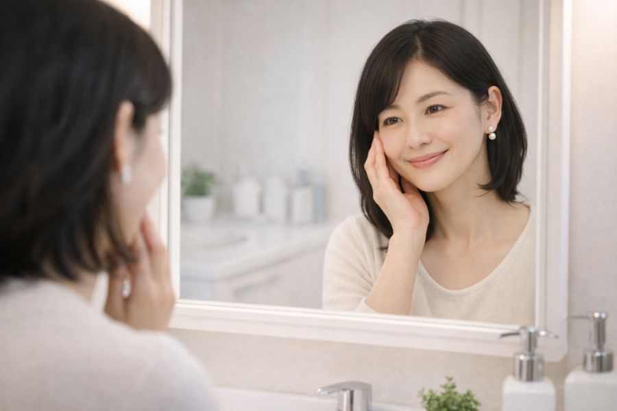 自宅の洗面台で鏡を見ながら頬に触れている女性
