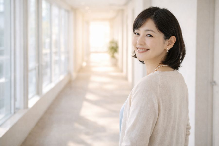 クリニックの廊下で振り返り自然光の中で微笑む女性