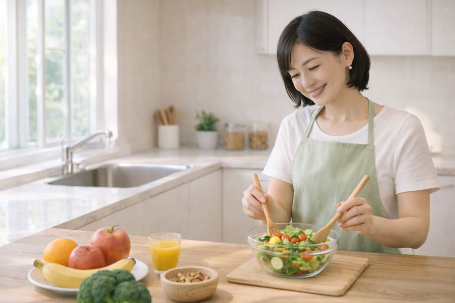 朝のキッチンでガラスボウルに野菜サラダを盛りつけている女性