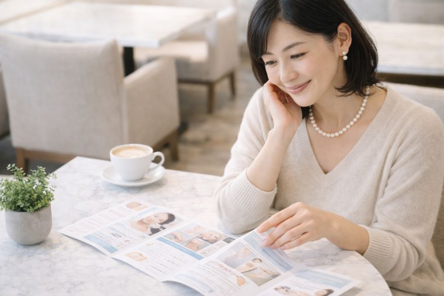 カフェ風スペースのテーブルでリーフレットを見ながら考える女性