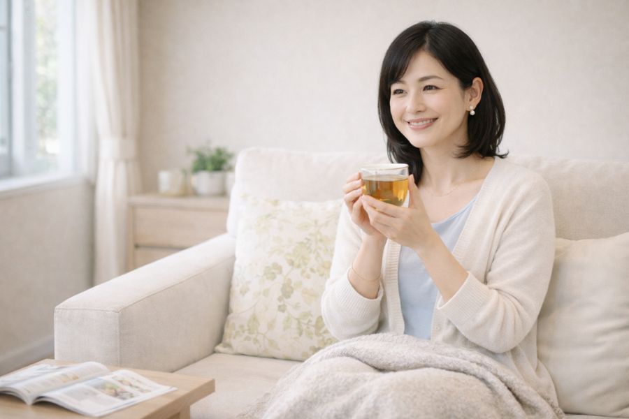 リビングのソファでハーブティーのカップを両手で持ちくつろぐ女性