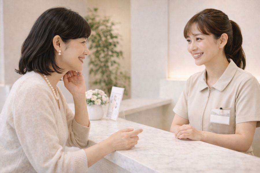クリニックの受付カウンター越しにスタッフと会話する女性