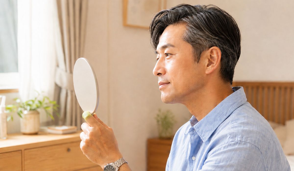 手鏡で自分の顔を確かめる50代男性の横顔