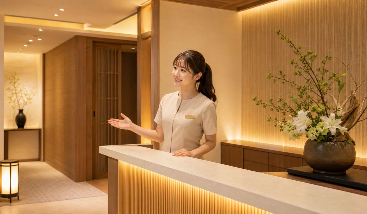 クリニック受付カウンターで会釈する制服姿の受付スタッフ
