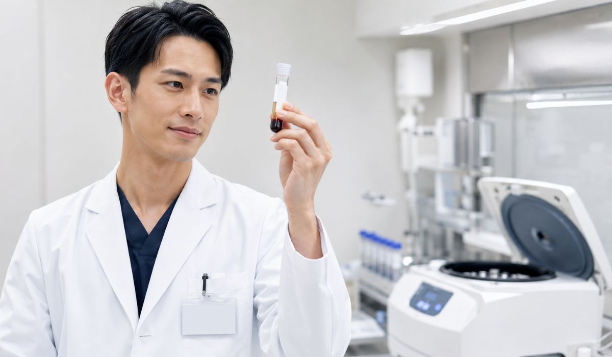 ラボで試験管を観察する白衣の男性医師