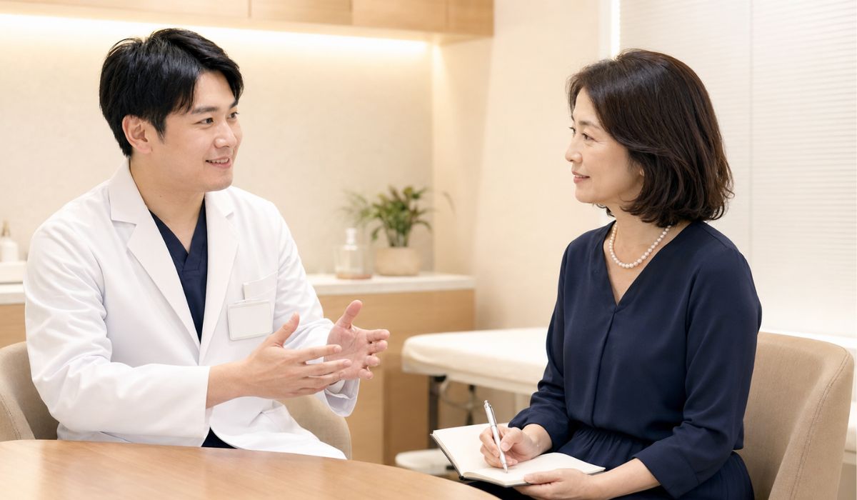 患者にリスクを説明する医師とメモを取る女性
