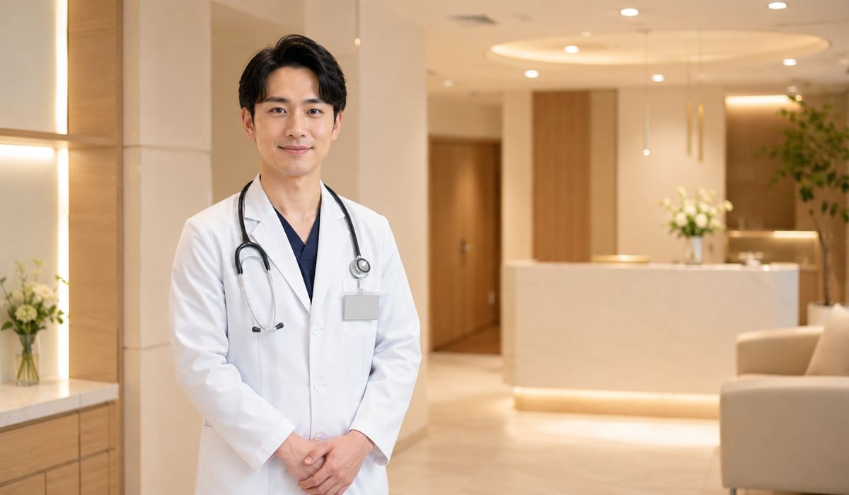 クリニックエントランスに立つ白衣の男性医師