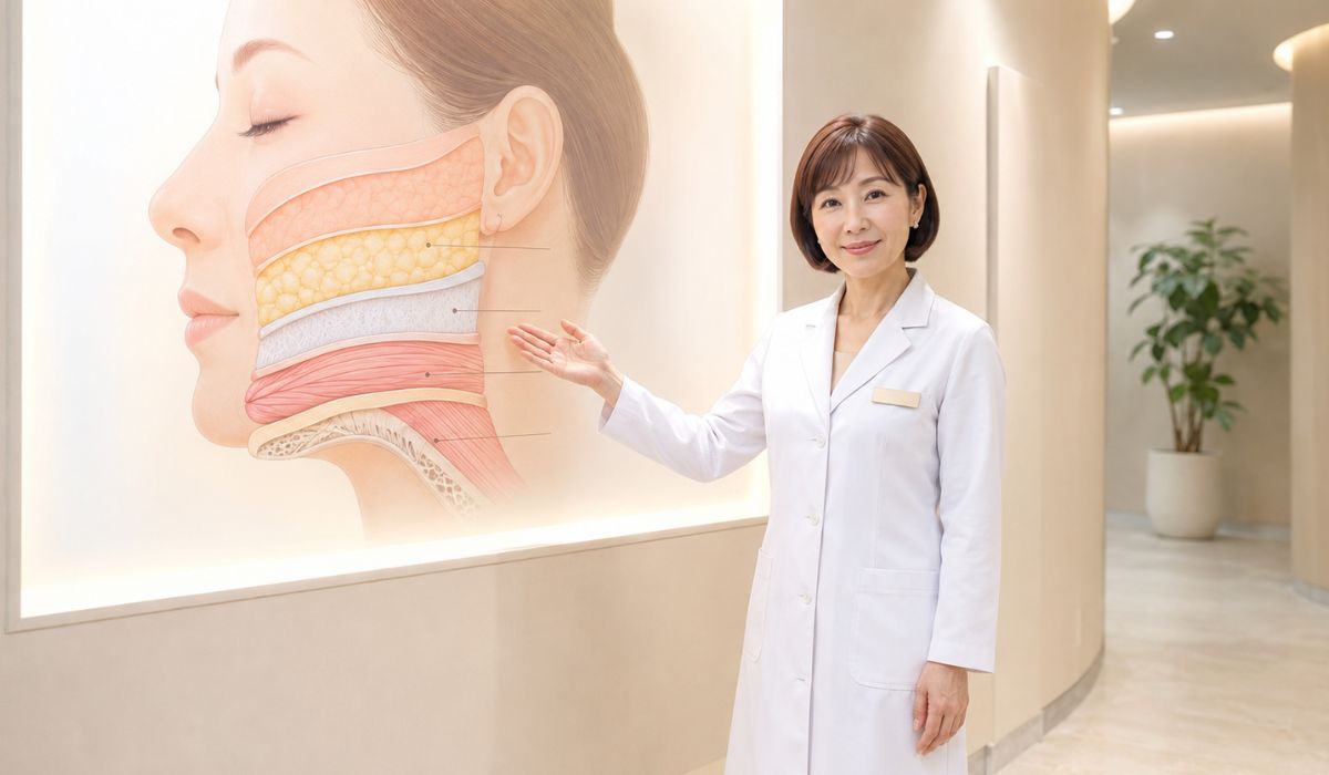 白衣を着た日本人女性医師が壁に掲示された顔の層構造の解剖図を指し示しながら説明している全身ショット