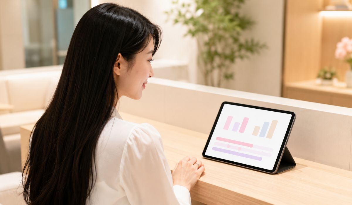 白いブラウスを着た黒髪ロングの日本人女性がカウンターでタブレットのコスト推移グラフを見ている後ろ姿肩越し
