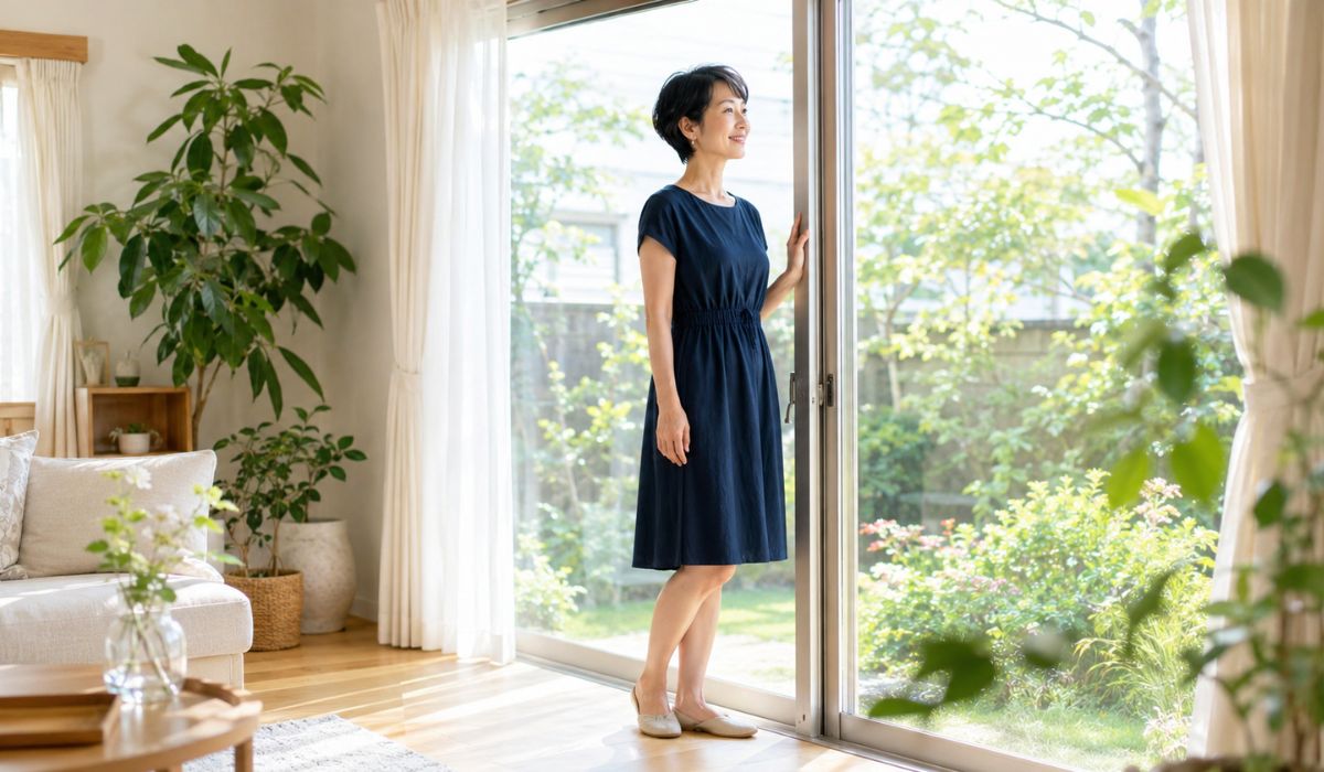 リビングの窓辺で穏やかに庭を眺める女性