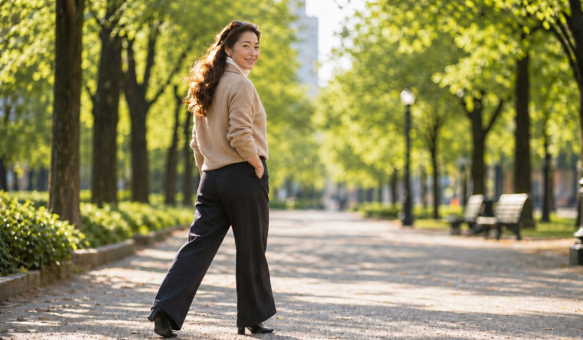 並木道を歩きながら振り返って微笑むベージュのニットを着た日本人女性