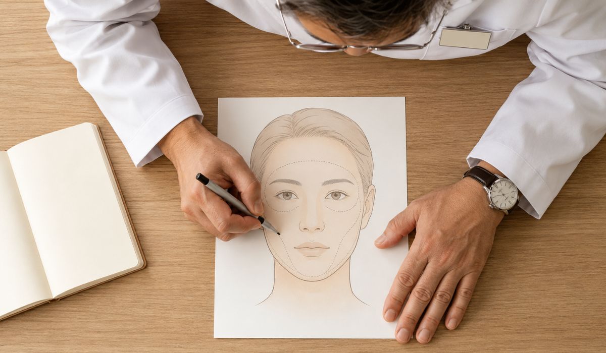 白衣を着た日本人男性医師の手元が顔のイラスト図に細いマーカーで切開ラインの目安を描き入れている真上俯瞰のクローズアップ