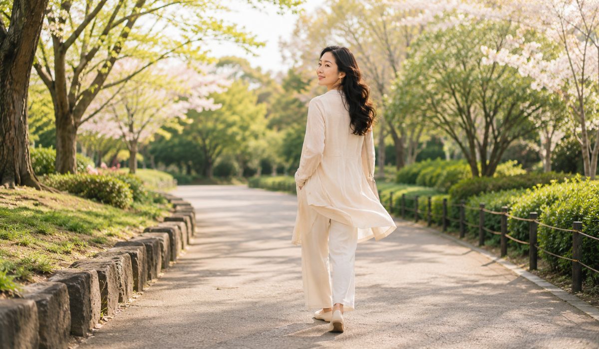 公園の並木道をゆっくり歩く女性の後ろ姿