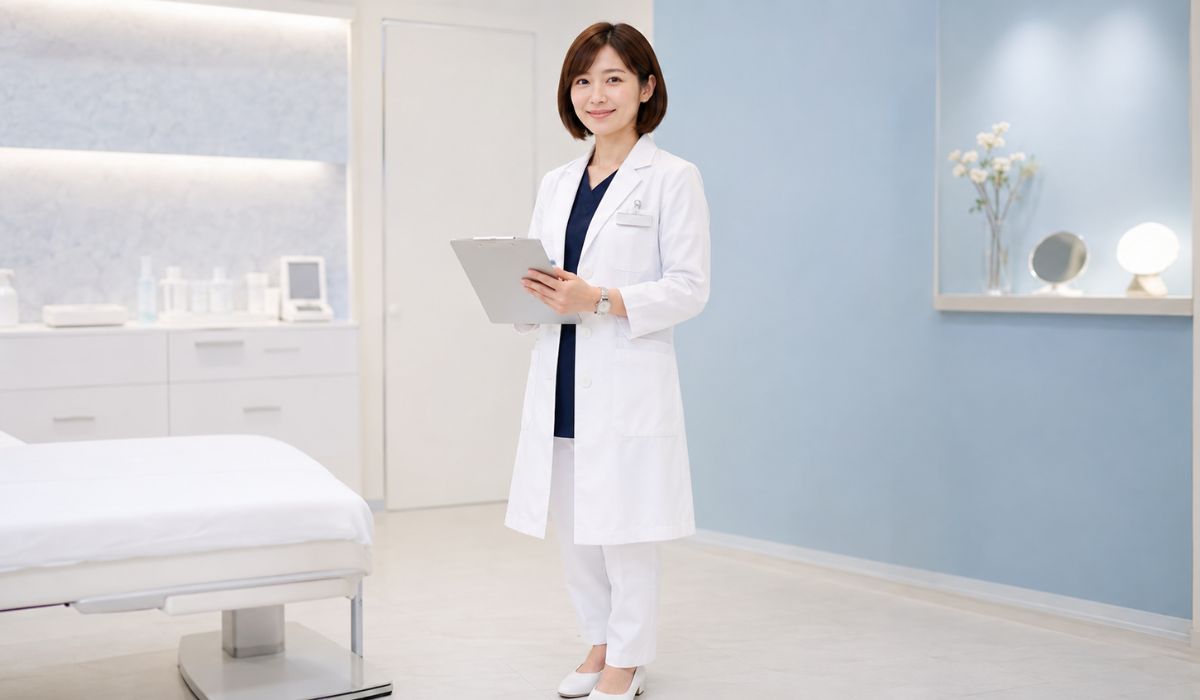 白衣を着た女性医師が術前準備室でクリップボードを手に立つ様子